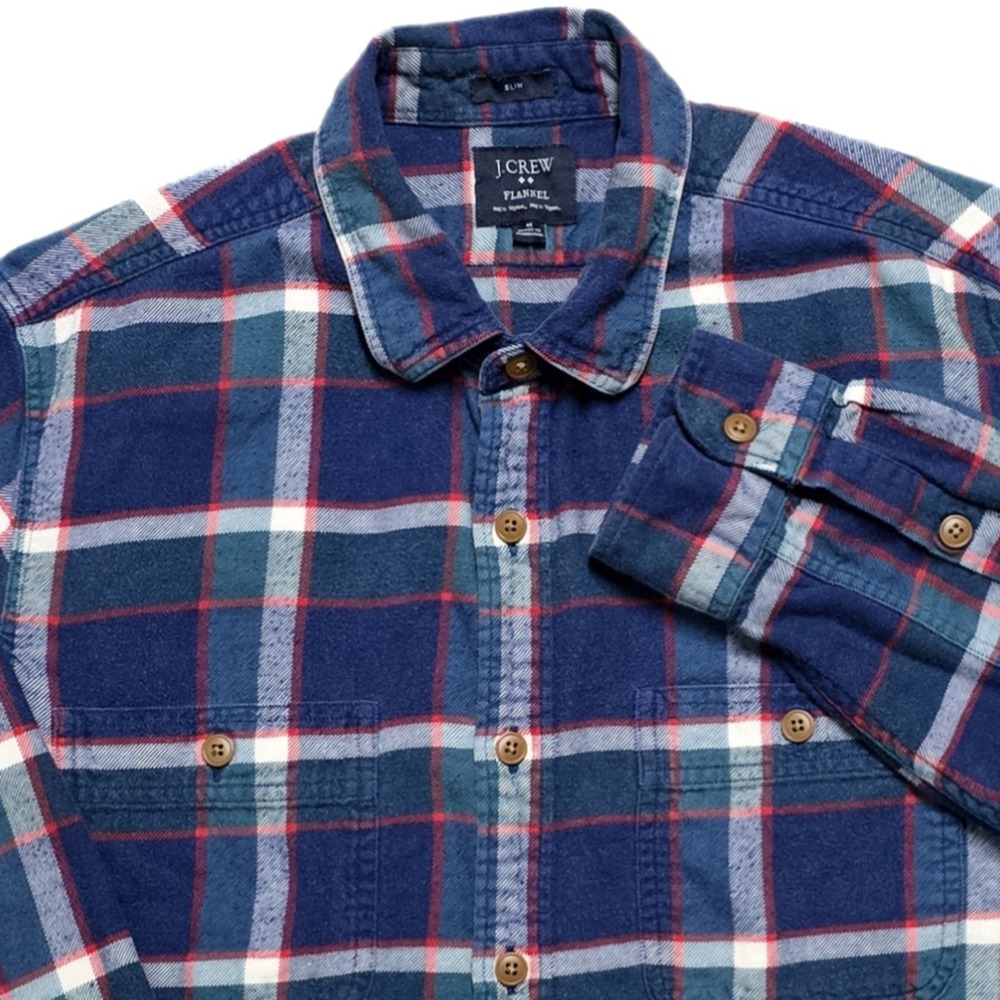 J Crew Classic Flannel‎ Shirt Mens M Slim Fit 90s Plaid Midweight Blue Red Green